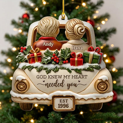 Personalized Acrylic Ornament, Couple in Snowy Car, God Knew My Heart Needed You, Unique Gift