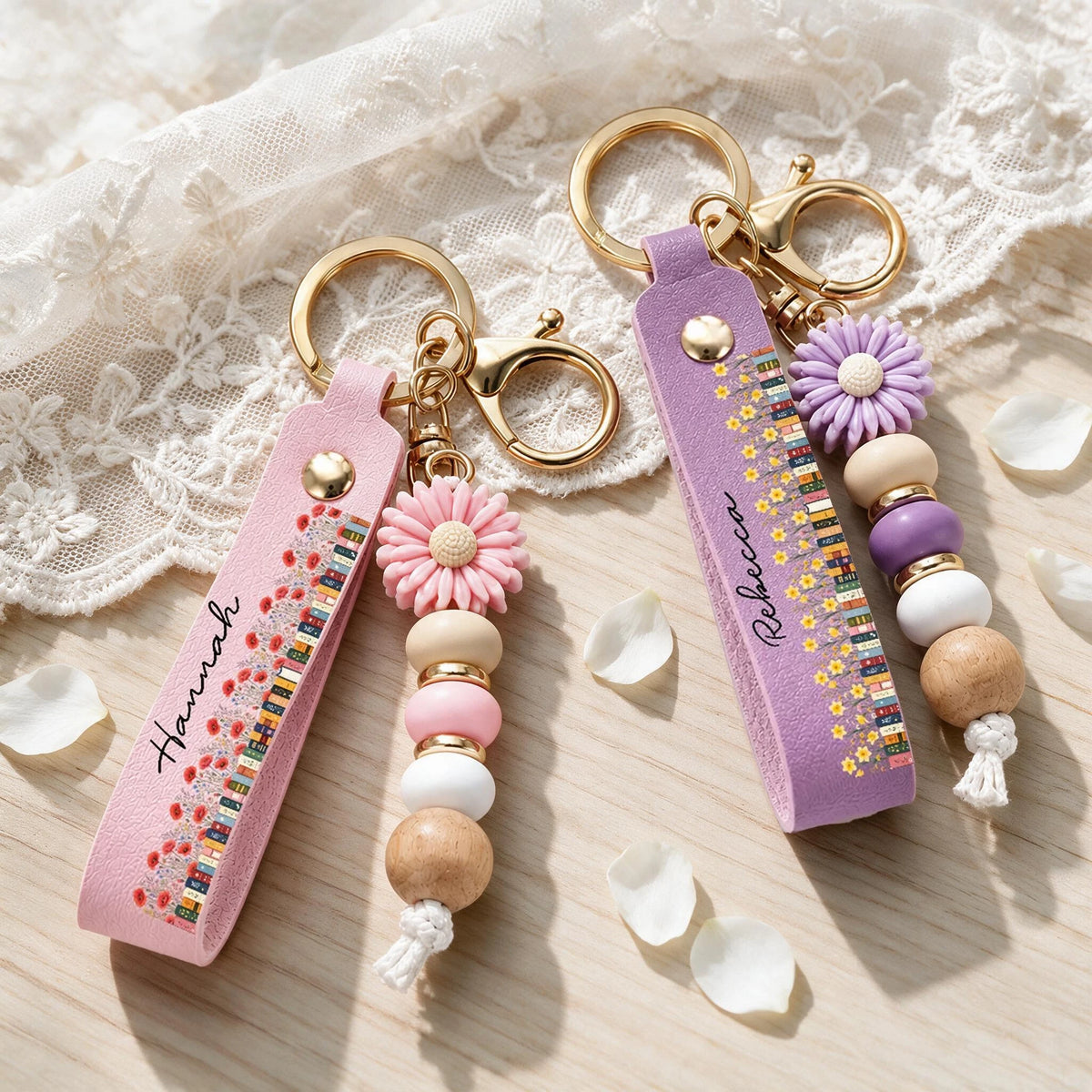 Personalized PU Leather Daisy Keychain with Beaded Charm, Pink Floral Style, Unique Gift for Girls