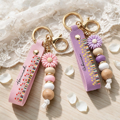 Personalized PU Leather Daisy Keychain with Beaded Charm, Pink Floral Style, Unique Gift for Girls