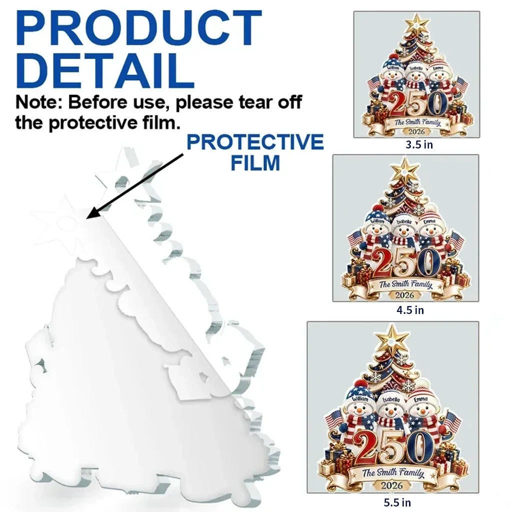Personalized USA 250th Anniversary Snowman Family Ornament, Custom Names & Year, 1776–2026 Patriotic Christmas Keepsake