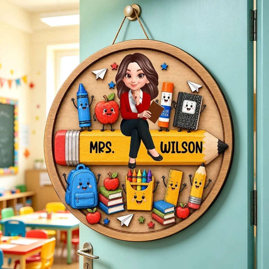 Personalized Wooden Sign with Seated Teacher and Cute School Supplies, Colorful Classroom Decor, Unique Teacher Gift