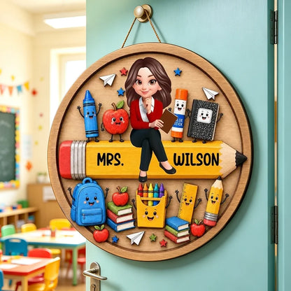 Personalized Wooden Sign with Seated Teacher and Cute School Supplies, Colorful Classroom Decor, Unique Teacher Gift