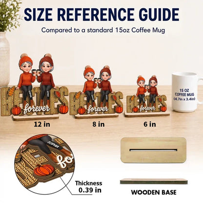 Personalized Wooden Plaque With Cozy Fall Friends Holding Coffee, Creative Gift For Sister & Friend