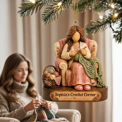 Personalized Acrylic Ornament with Woman Crocheting, Unique Christmas Gift for Yarn Lovers
