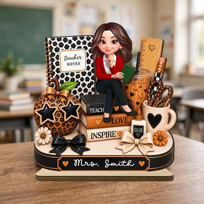 Personalized 2-Layer Wooden Plaque, Seated Teacher & Leopard Desk Decor, Unique Creative Gift for Teacher