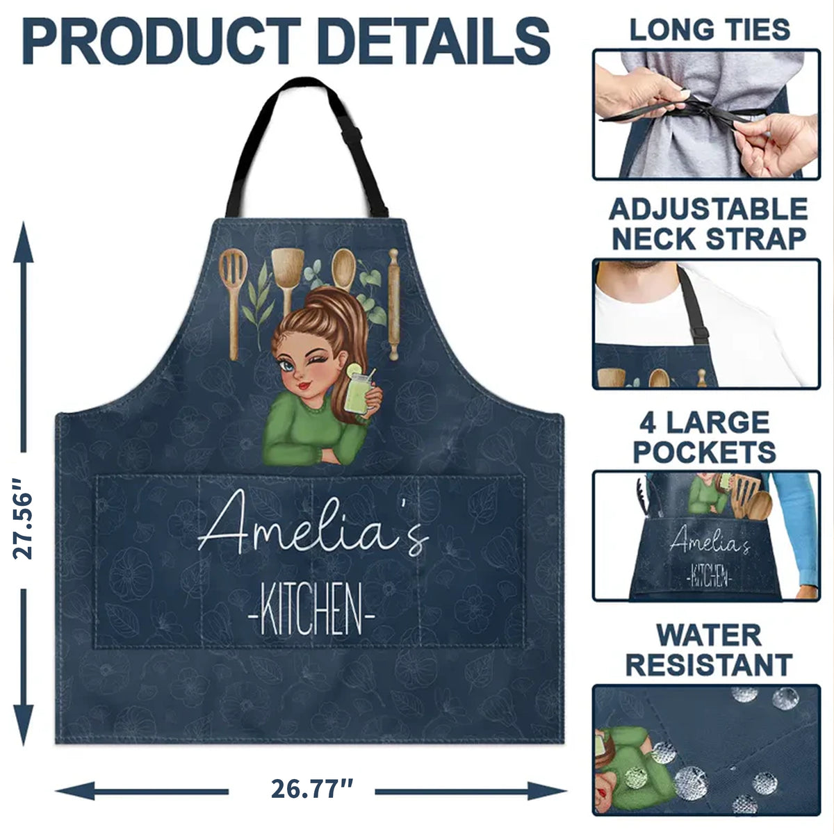 Personalized Apron with Cute Cartoon Chef Girl and Kitchen Tools, Unique Cooking Gift for Mom or Grandma