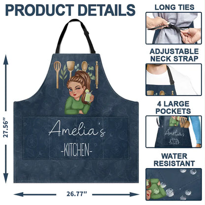 Personalized Apron with Cute Cartoon Chef Girl and Kitchen Tools, Unique Cooking Gift for Mom or Grandma