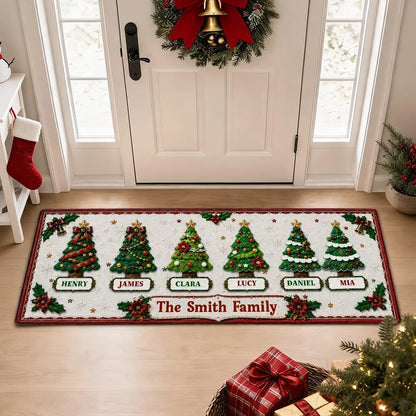 Personalized Family Christmas Tree Premium Doormat, Red and Green Entryway Decor, Unique Housewarming Gift