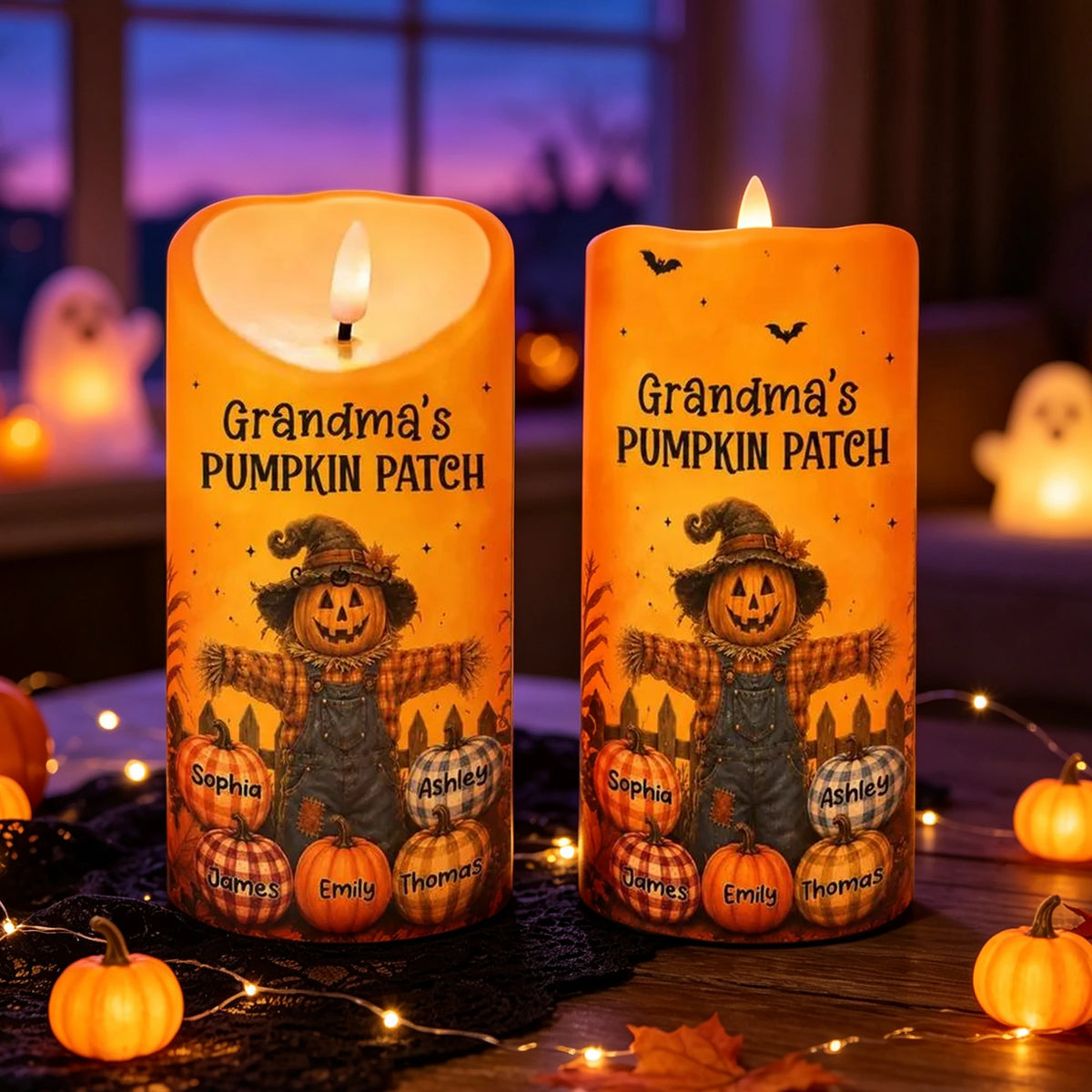 Personalized Flameless LED Candle with Pumpkin Scarecrow, Autumn Decor, Unique Gift for Grandma