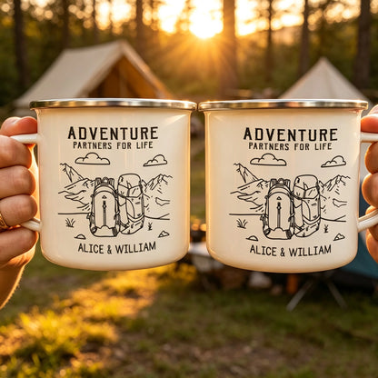Personalized Enamel Mug, Couple Holding Camping Design, Creative Gift For Adventure Partners