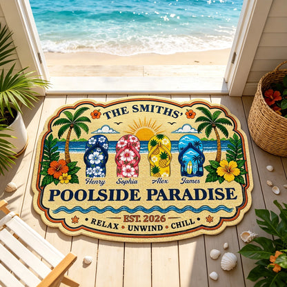 Personalized Shaped Doormat, Poolside Paradise Flip Flops, Tropical Summer House Unique Gift