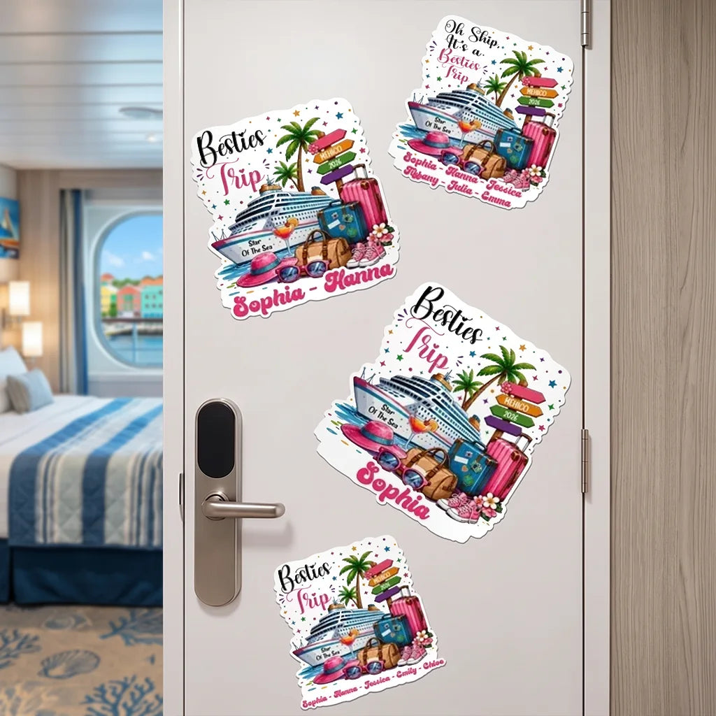 Personalized Acrylic Magnet with Cruise Ship and Luggage Art, Besties Trip Door Decor, Unique Gift for Friends