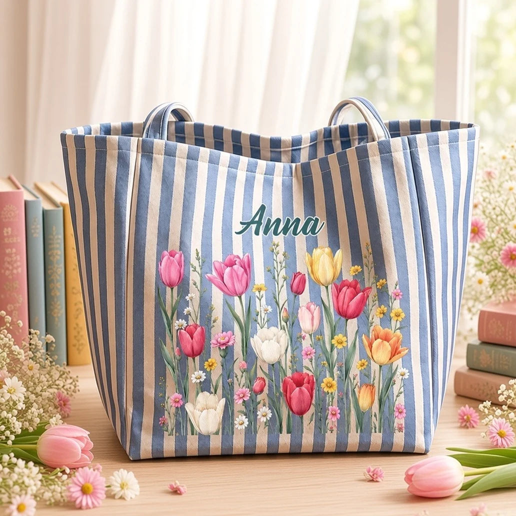 Striped Pocket Tote Bag with Personalized Colorful Wildflowers, Thoughtful Creative Gift for Teacher or Friend