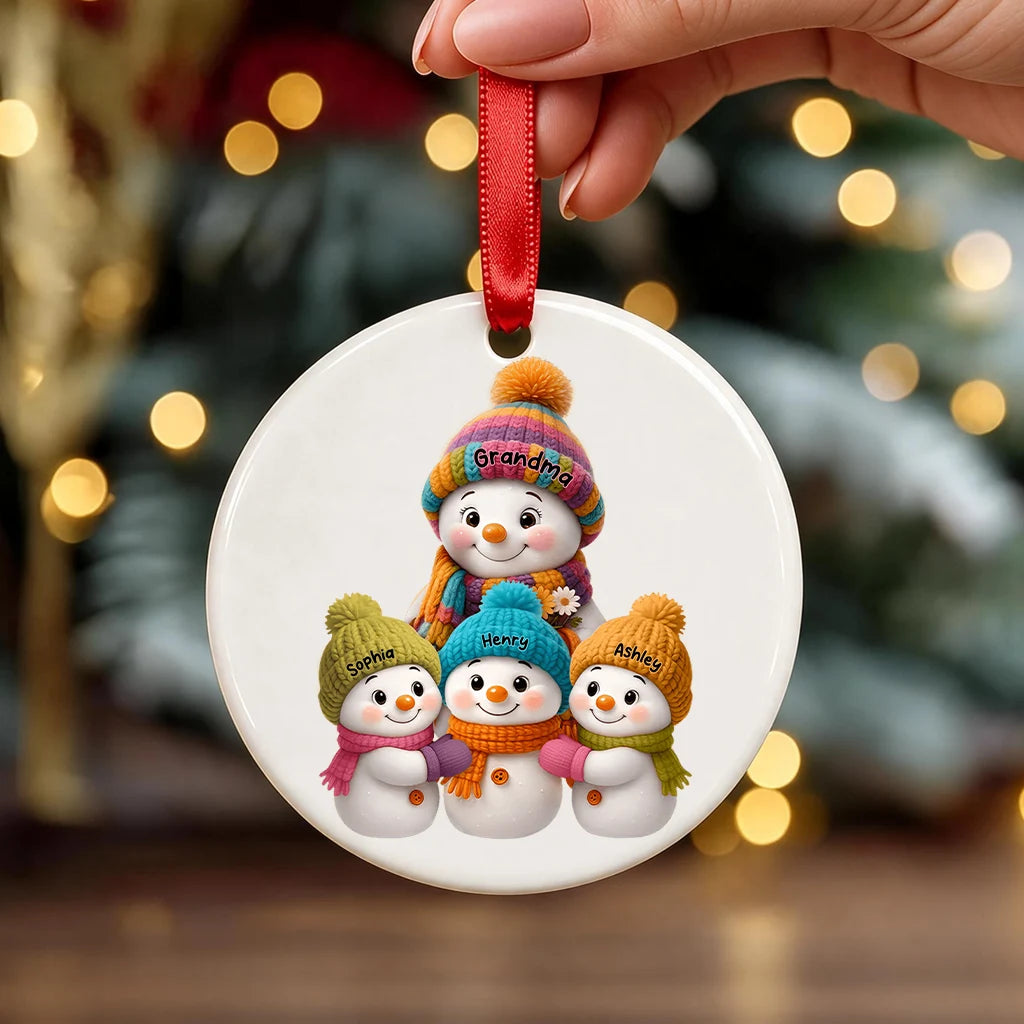 Personalized Crystal Ornament with Grandma and Snowman Family, Heartwarming Christmas Keepsake and Creative Gift for Family