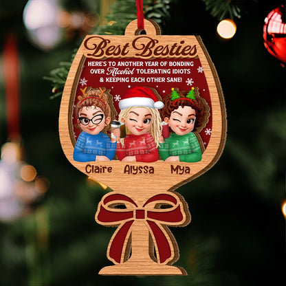 Personalized 2-Layer Wooden Ornament for Best Friends, Cute Christmas Sweater Trio Design, Unique Holiday Gift Keepsake