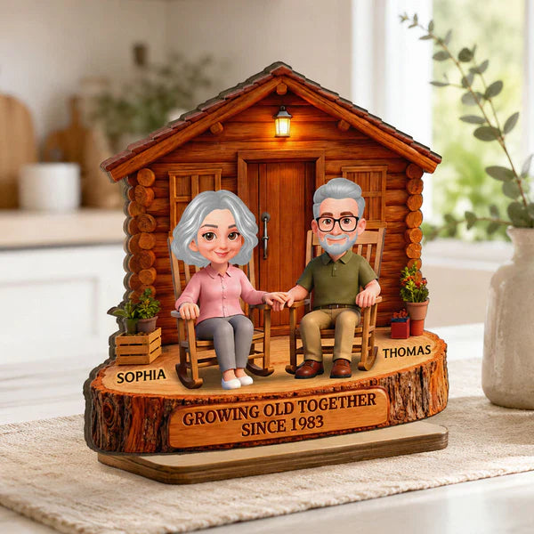 Growing Old Together 2-Layer Wooden Plaque, Couple Holding Hands at Cabin, Creative Anniversary Gift