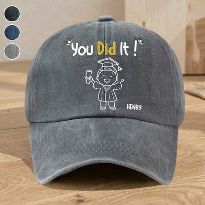 You Did It Vintage Look Washed Denim Baseball Cap, Personalized Name Style - Everyday Wear Congrats Gift