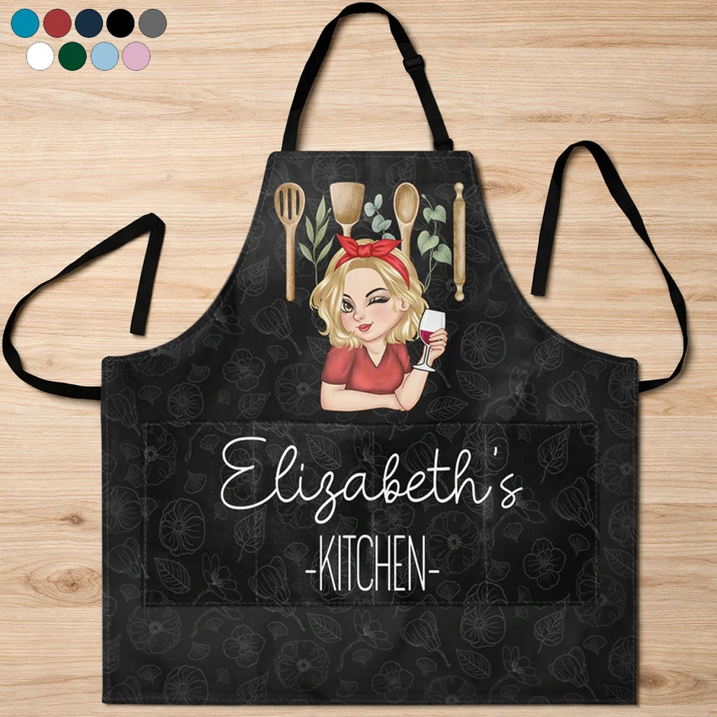Personalized Apron with Cute Cartoon Chef Girl and Kitchen Tools, Unique Cooking Gift for Mom or Grandma
