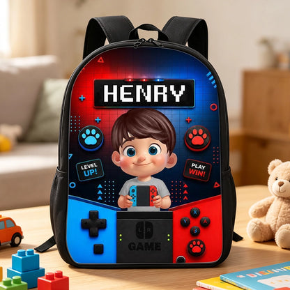 Personalized Kids School Backpack, Cartoon Gamer Boy Holding Controller, Unique Gift for Kids