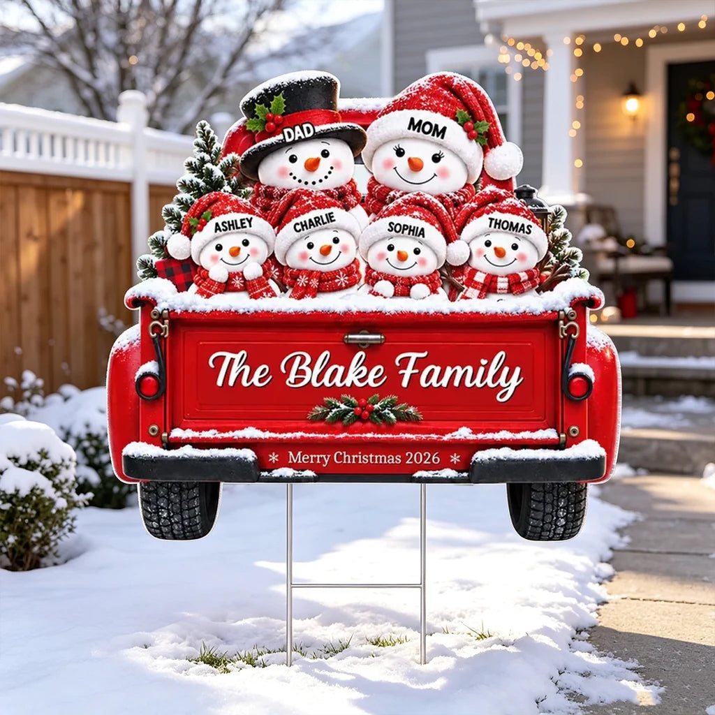 Personalized Shaped Yard Sign, Snowman Family Riding in a Red Truck, Christmas Decor, Unique Gift for Family