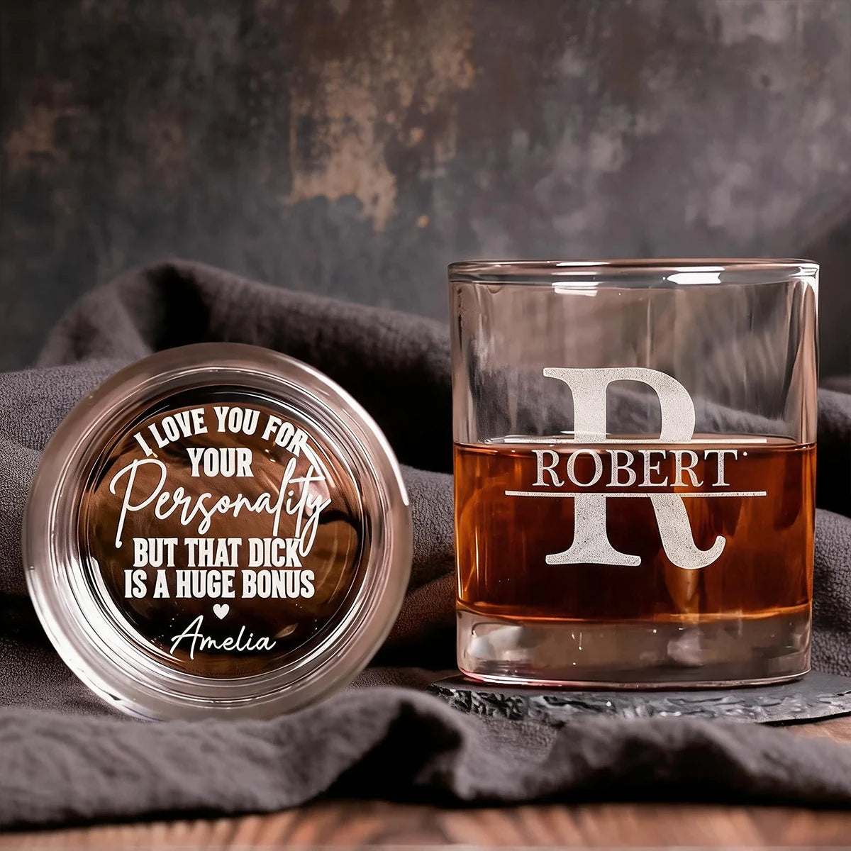 Personalized Double Sided Whiskey Glass, Bold Typographic Design, Unique Gift for Husband or Boyfriend