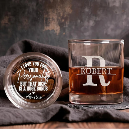 Personalized Double Sided Whiskey Glass, Bold Typographic Design, Unique Gift for Husband or Boyfriend