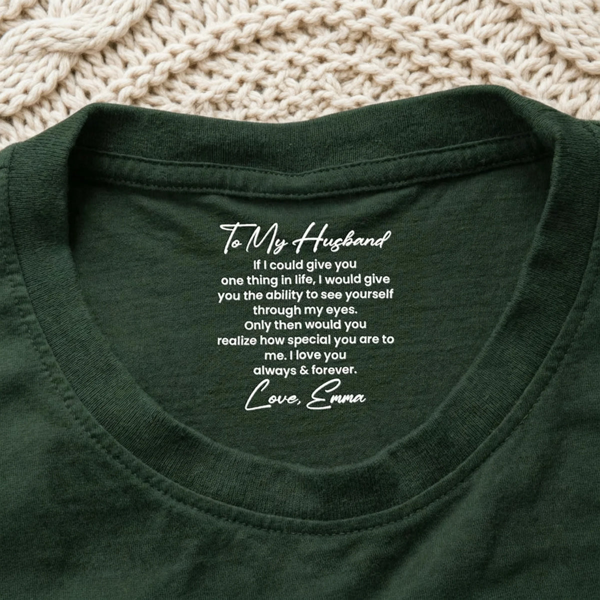 Personalized Hidden Message Classic Tee, Dark Green Custom Love Quote, Unique Gift for Husband