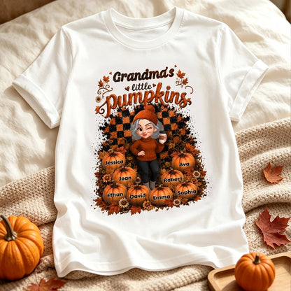 Personalized Classic Tee, Cartoon Grandma With Coffee, Fall Pumpkin Patch, Unique Creative Gift For Grandma