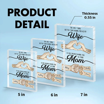 Rectangle Acrylic Block Plaque Personalized for Wife, Sweet Mom Keepsake with Hand Heart and Fist Bump Art, Unique Gift