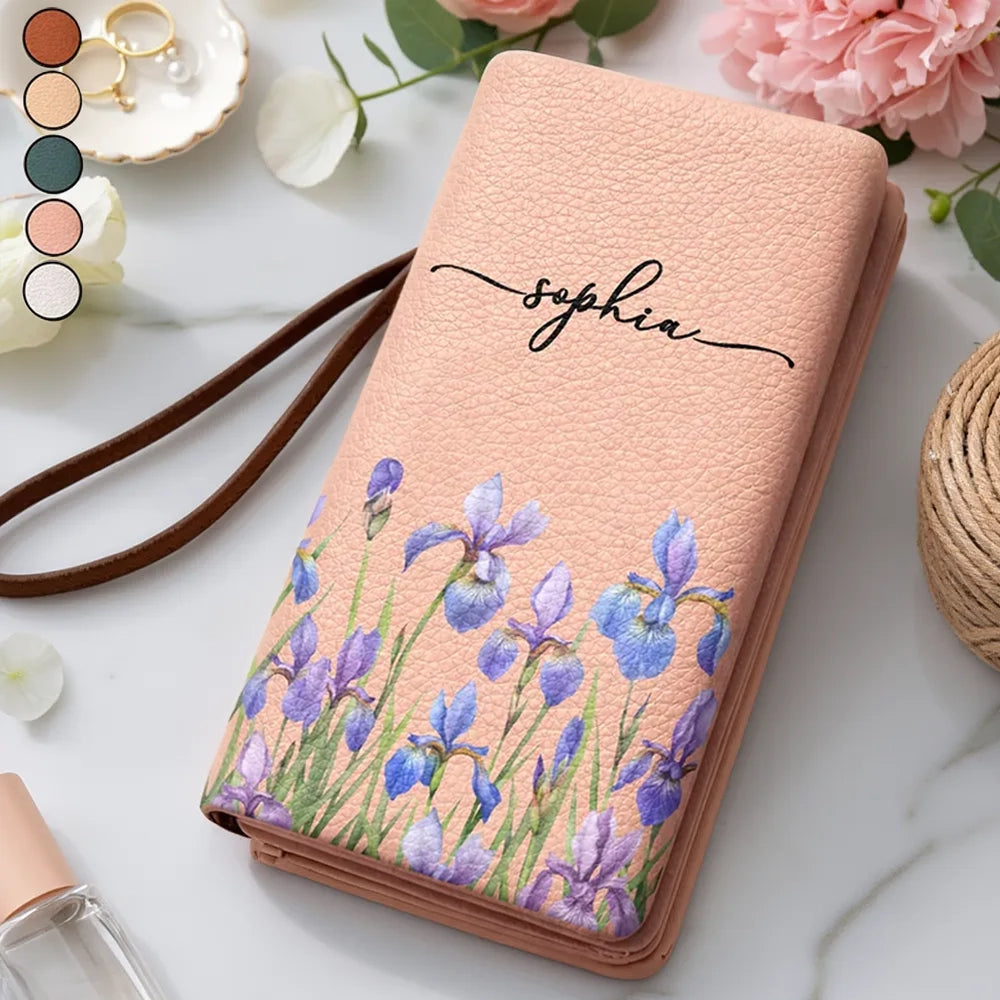 Blooming In Love Personalized Tri-Fold PU Leather Wristlet Wallet, Soft Pink Iris Wristlet, Thoughtful Gift for Her