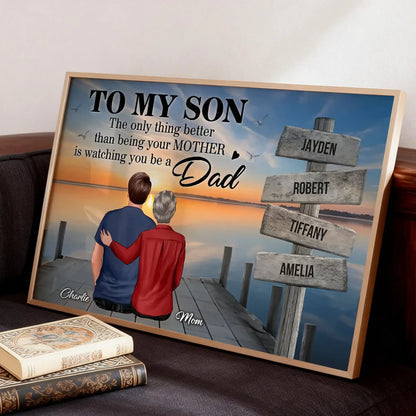Personalized Poster for Son, Custom Family Signpost Sunset Lake Art, Unique Father's Day Gift from Mom