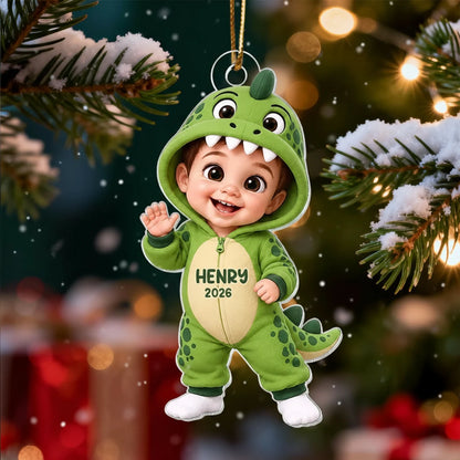 Personalized Acrylic Ornament, Cute Waving Dinosaur Costume Child, Creative Keepsake Gift for Family