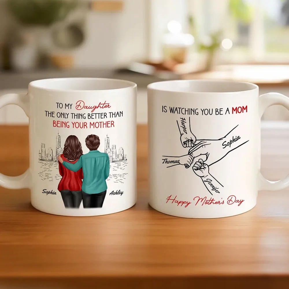 Personalized White Ceramic Mug for Daughter, Parents Watching You Be A Mom Design, Unique Mother's Day Gift