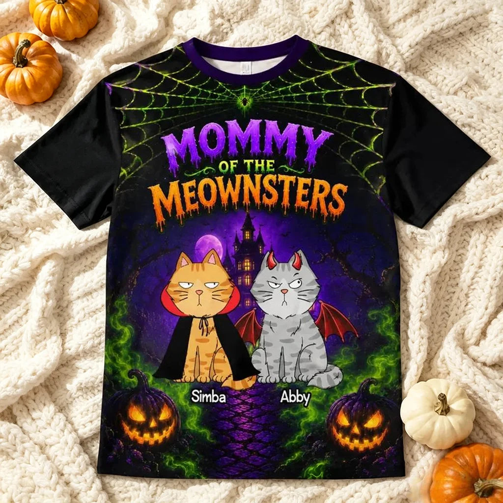 Personalized Printed Classic Tee, Purple Spooky Cats & Haunted House, Unique Gift for Cat Lovers