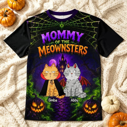 Personalized Printed Classic Tee, Purple Spooky Cats & Haunted House, Unique Gift for Cat Lovers