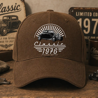 Personalized Washed Denim Baseball Cap With Retro Hot Rod & Sunburst Art, Unique Gift for Car Lovers
