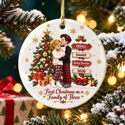 Personalized First Christmas Ceramic Ornament, Parents Cuddling Baby by a Christmas Tree, Creative Gift for New Parents