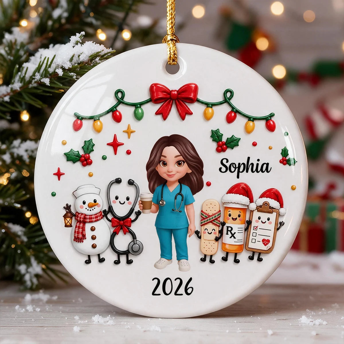 Personalized Ceramic Ornament with Nurse Holding Coffee and Medical Icons, Unique Creative Gift for Nurses