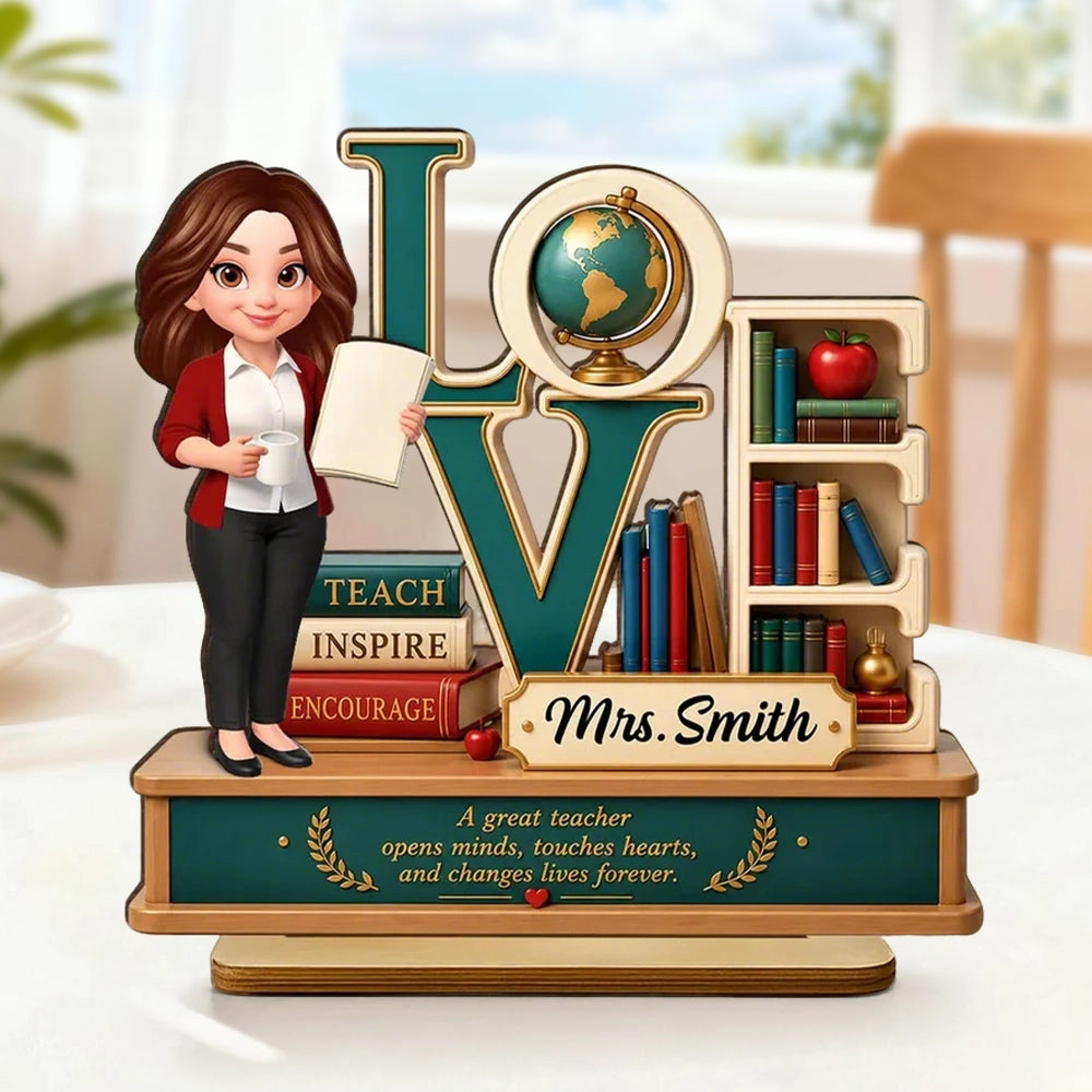 Personalized 2-Layer Wooden Plaque with Standing Teacher, Books & Globe, Unique Teacher Gift