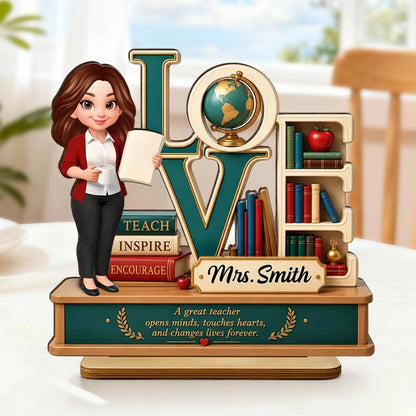 Personalized 2-Layer Wooden Plaque with Standing Teacher, Books & Globe, Unique Teacher Gift