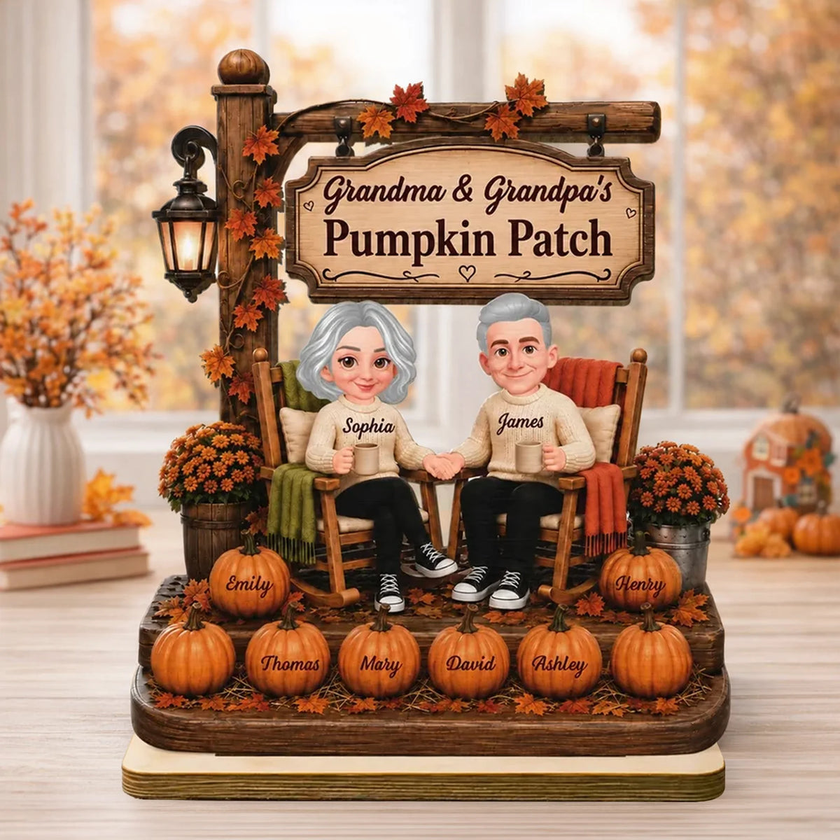Personalized Wooden Plaque, Grandparents Holding Hands in a Fall Pumpkin Patch, Creative Gift for Grandma & Grandpa