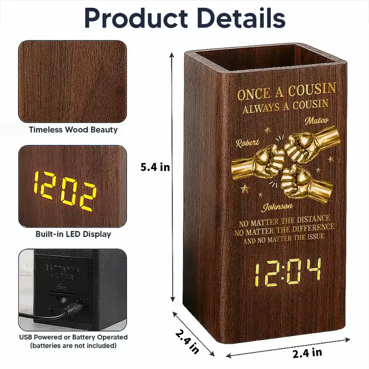 Personalized Wooden Pen Holder Clock, Brother Fist Bump Desk Organizer, Unique Gift for Brother