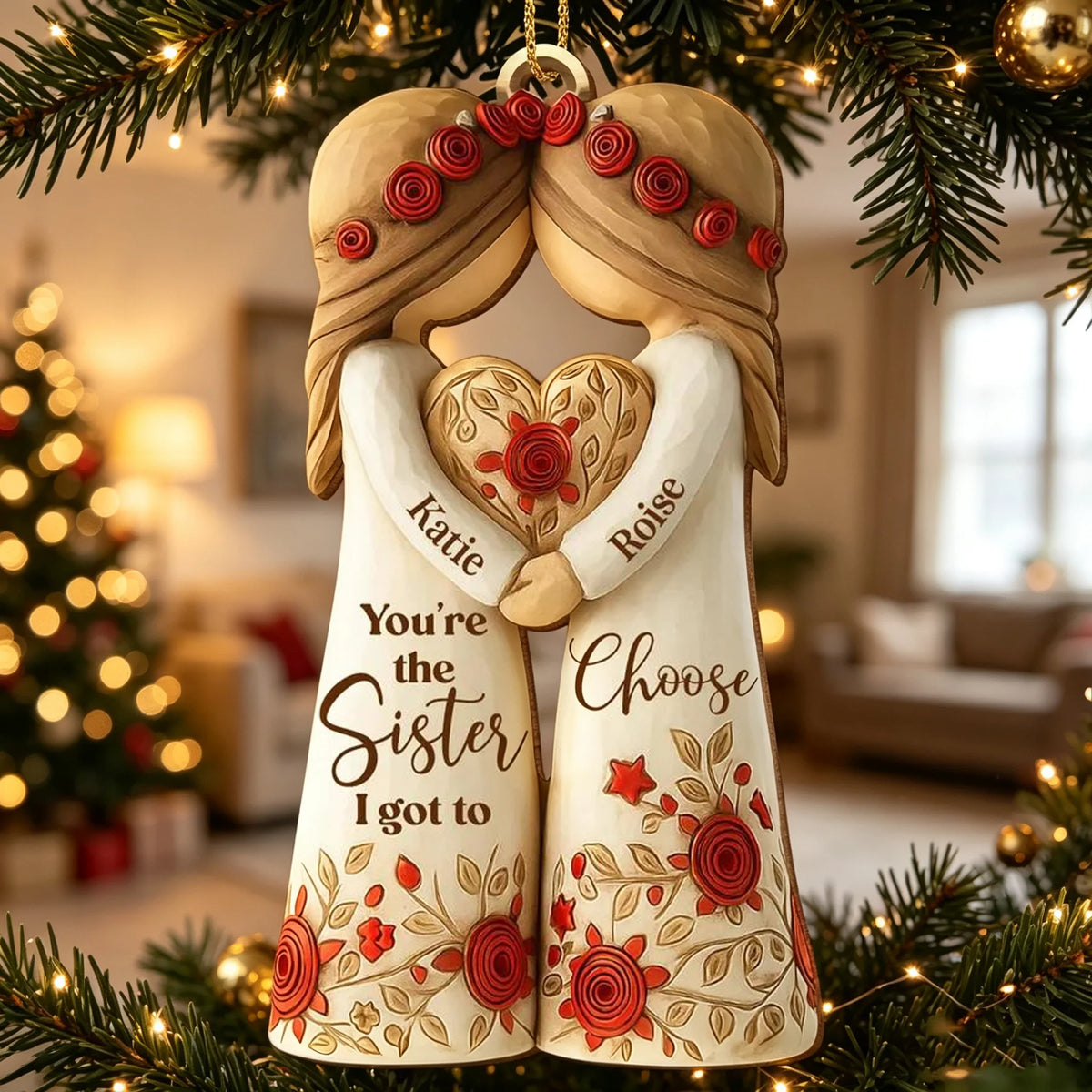 Personalized Wooden Ornament with Hugging Sisters and Red Roses, Unique Gift for Sister or Chosen Family