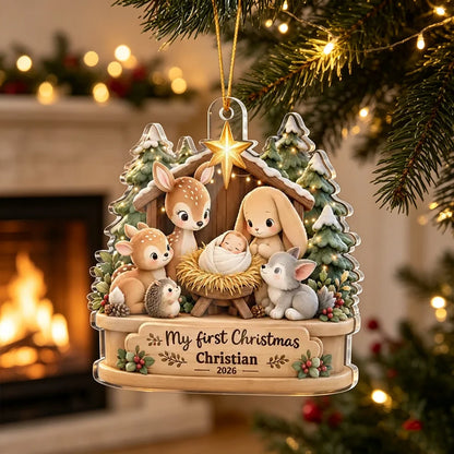 Personalized Acrylic Ornament, My First Christmas Snowy Woodland Scene in Warm Neutrals, Unique Baby Keepsake Gift