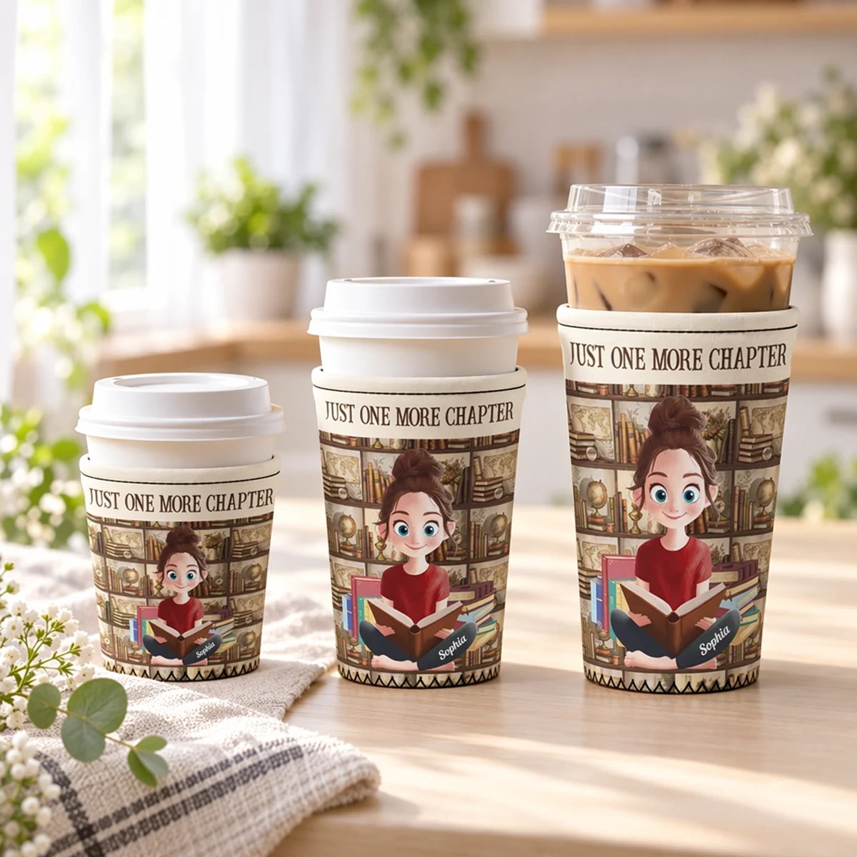 Personalized Neoprene Cup Sleeve, Warm Vintage Woman Reading in a Library, Unique Gift for Book Lovers