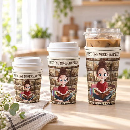 Personalized Neoprene Cup Sleeve, Warm Vintage Woman Reading in a Library, Unique Gift for Book Lovers