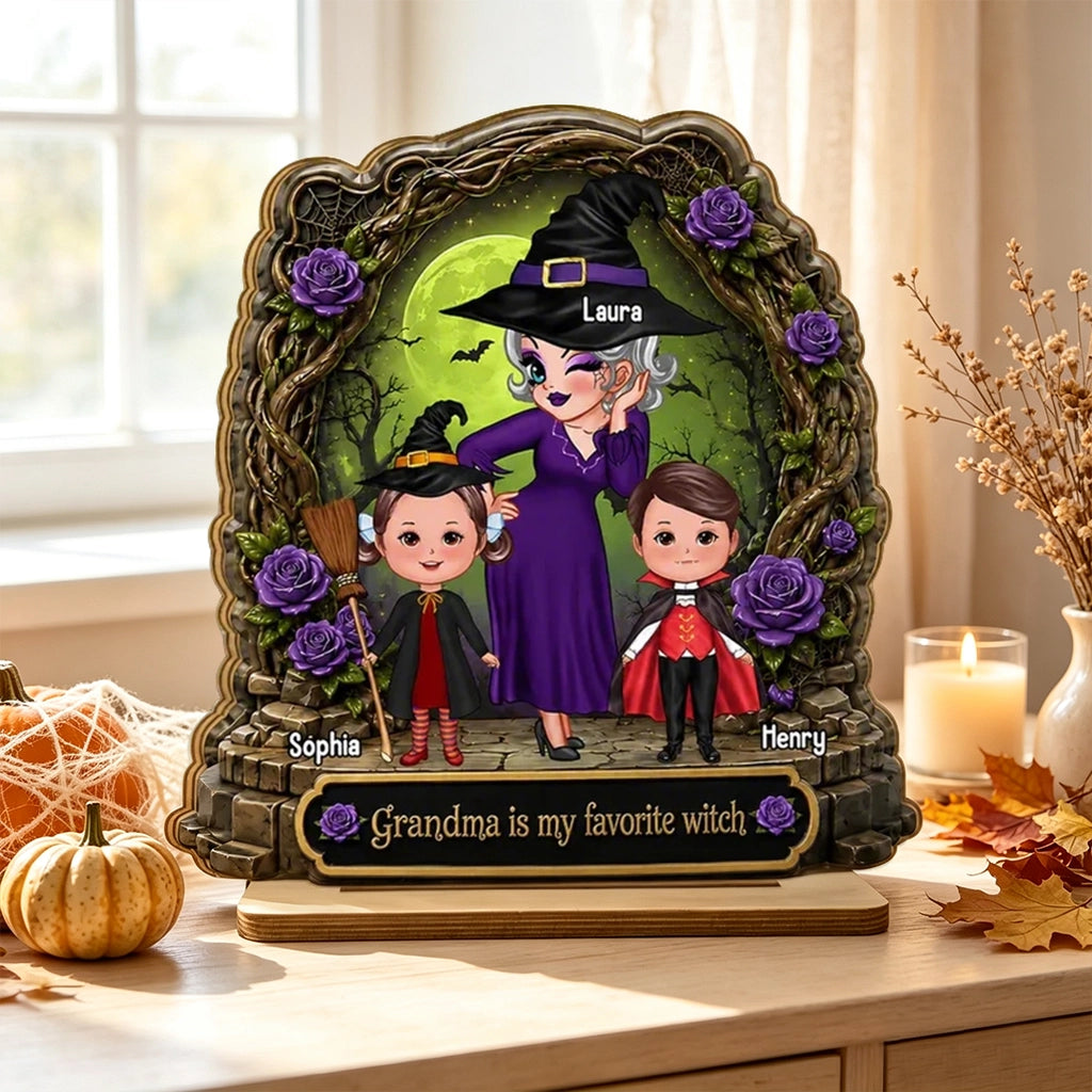 Personalized 2-Layer Wooden Plaque, Witch Grandma with Grandkids, Unique Halloween Gift