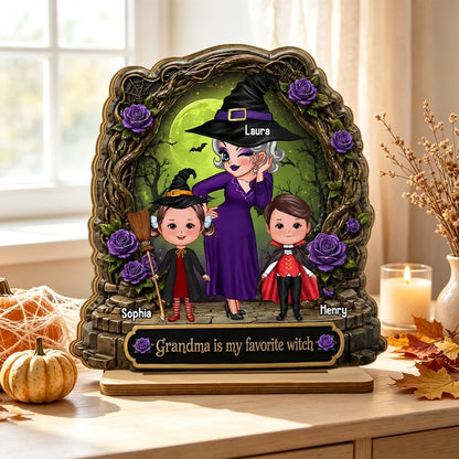 Personalized 2-Layer Wooden Plaque, Witch Grandma with Grandkids, Unique Halloween Gift