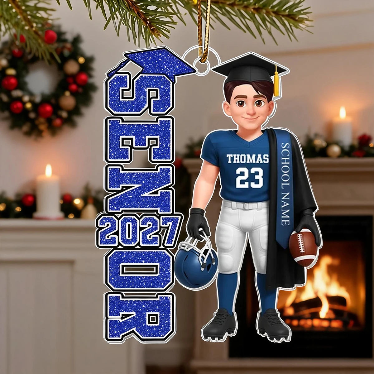 Personalized Football Senior Acrylic Ornament, Graduate Holding Helmet, Unique Graduation Gift for Son