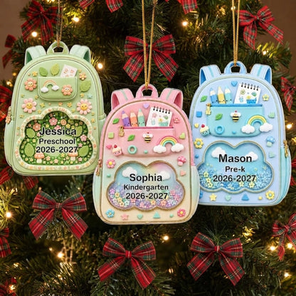Personalized Acrylic Ornament, Pastel School Backpack Hanging on a Christmas Tree, Unique Gift for Kids and Parents